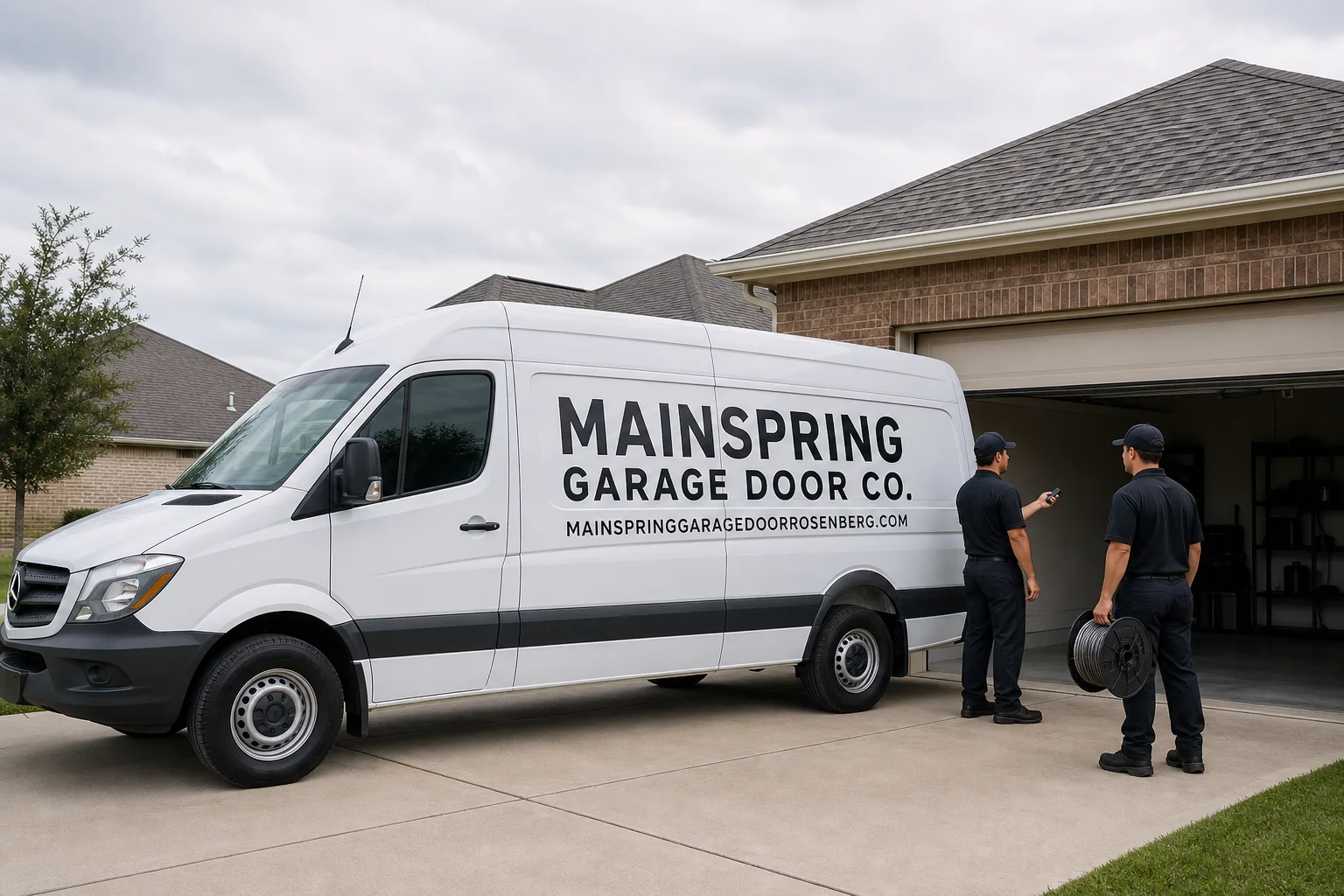 Mainspring Garage Door Co. garage door service vehicle and crew in Rosenberg, TX